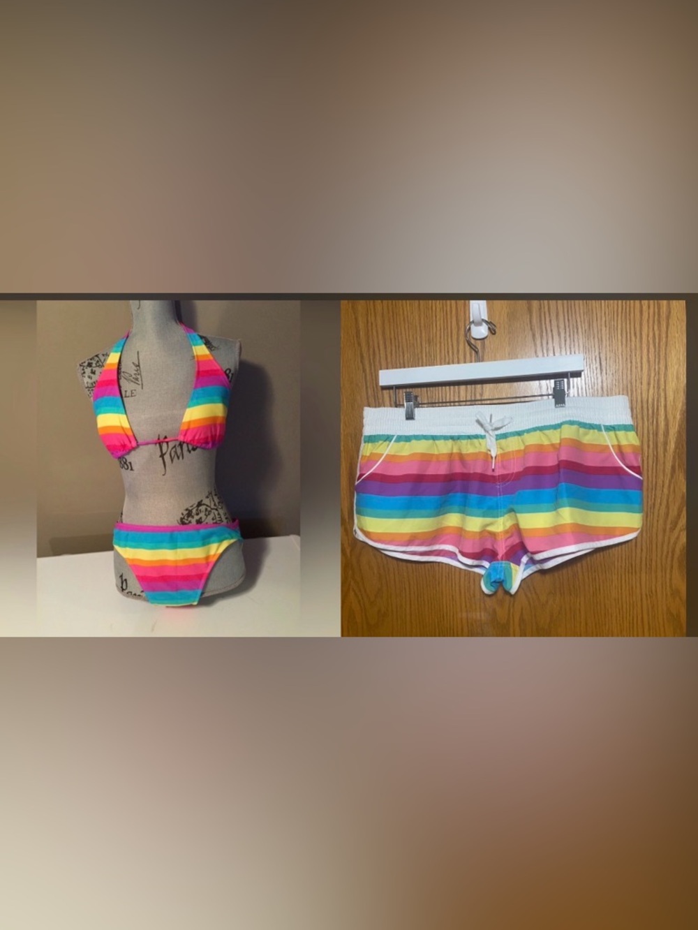 Rainbow bikini halter style swimsuit and matching shorts